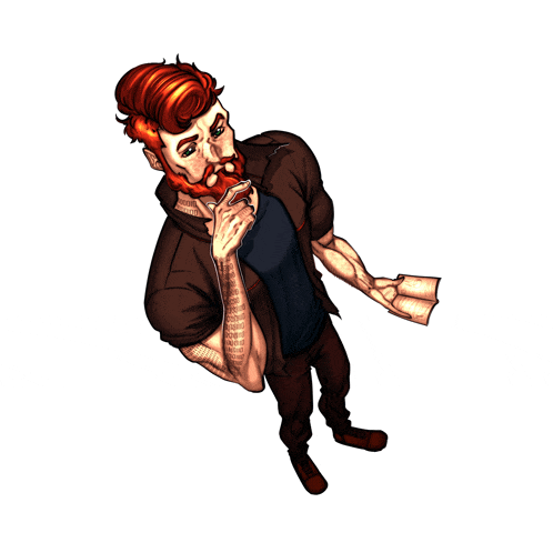 a man with red hair and a beard is holding a book