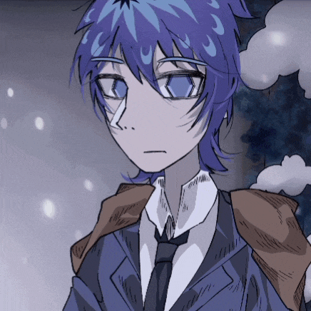 a drawing of a person with blue hair wearing a suit