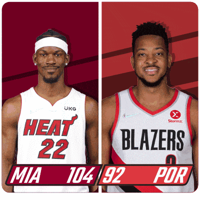 two basketball players from the heat and the blazers are standing next to each other