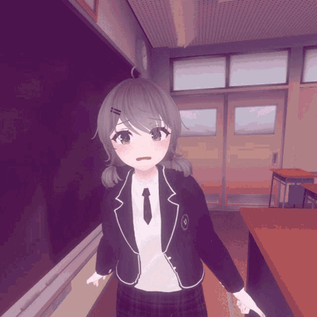 a girl in a school uniform is standing in front of a chalkboard