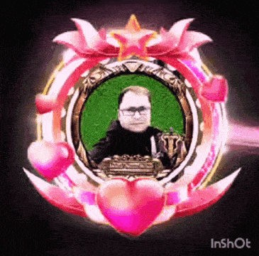 a man with glasses is in a frame with hearts around it