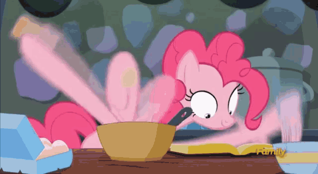 pinkie pie from my little pony is making a cake