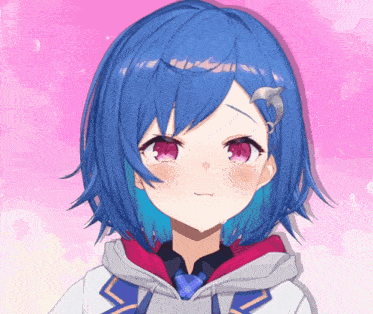 a girl with blue hair and pink eyes is wearing a hoodie and tie