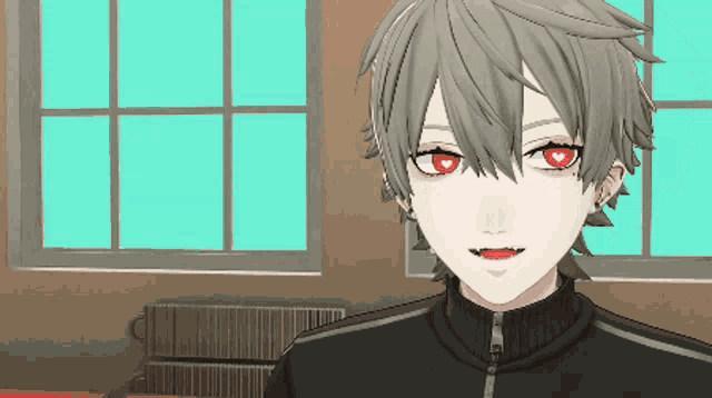a 3d anime character with red eyes and a black jacket
