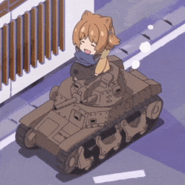 a cartoon of a girl riding on the back of a small tank