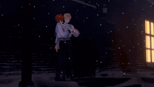 two anime characters one with red hair and the other with blonde hair are holding hands