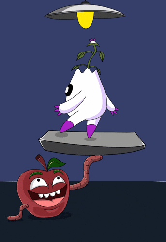 a cartoon drawing of an apple and a plant with a light shining on it