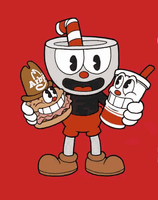a cartoon character holding a cup of coffee and a hamburger