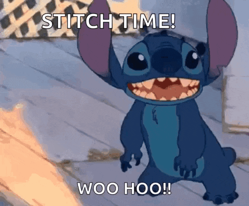stitch from disney 's lilo and stitch is standing on a wooden floor with his mouth open .
