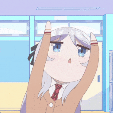 a girl with white hair and blue eyes is stretching her arms in a classroom