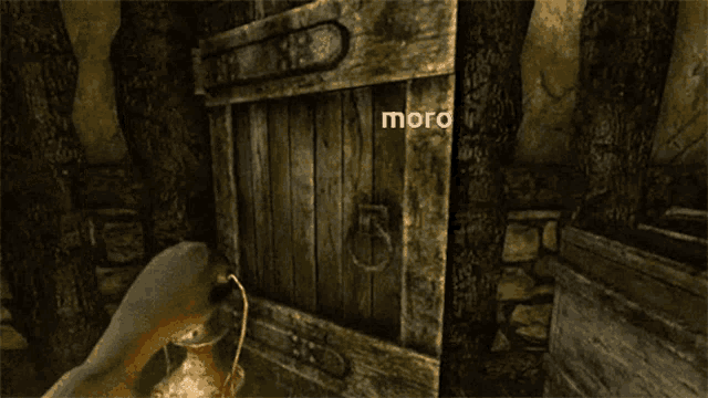 a video game screen shows a door with the word moro on it