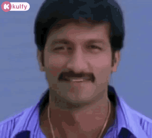 a man with a mustache is smiling and wearing a purple shirt and necklace .