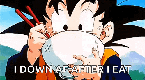a cartoon character eating a bowl of food with chopsticks and the words i down after i eat