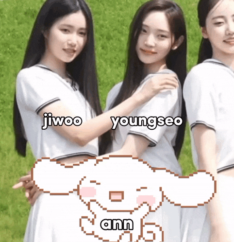 jiwoo youngseo and ann are standing next to each other in a field
