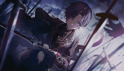 a boy with purple hair is holding a sword in his hands