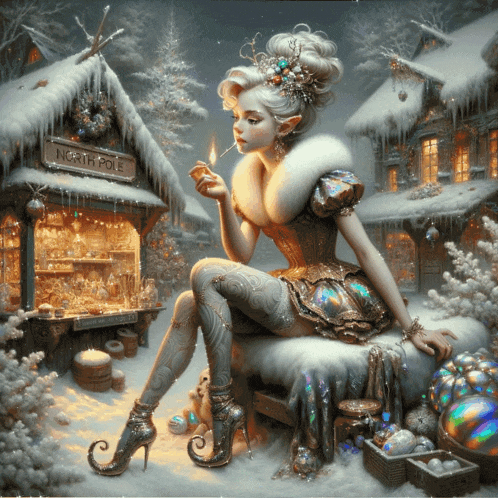 a painting of a woman in front of a north pole sign