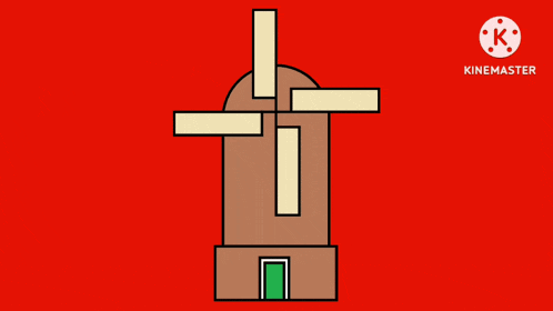 a cartoon drawing of a windmill on a red background with the words kinemaster below it