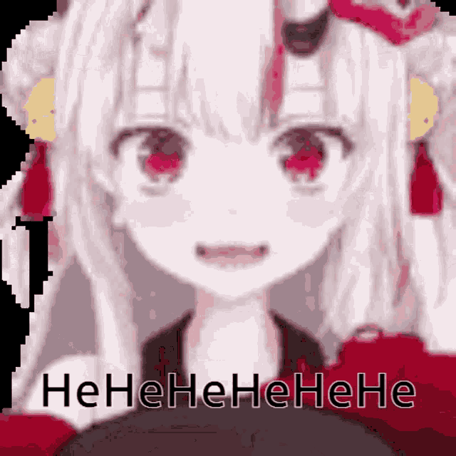 a pixel art of a girl with white hair and red eyes laughing with the words " henehenehene " below her