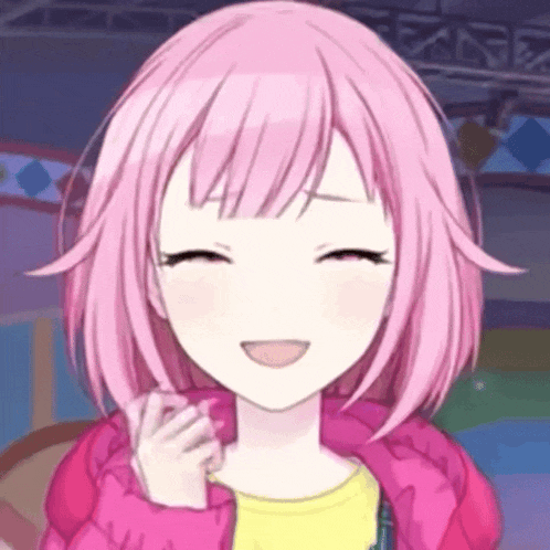 a close up of a girl with pink hair and a pink jacket smiling .