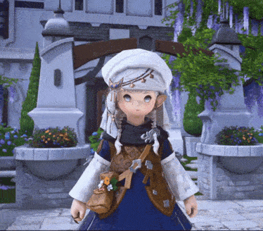 a cartoon character wearing a white hat and a blue dress