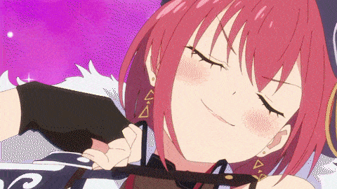 a girl with red hair is holding a knife and smiling with her eyes closed