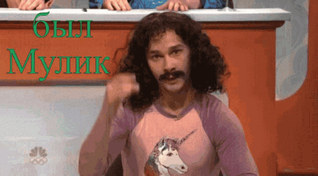 a man with curly hair and a mustache wears a pink shirt with a unicorn on the front