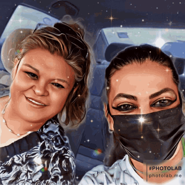 two women wearing face masks are posing for a picture with the caption #photolab photolab.me