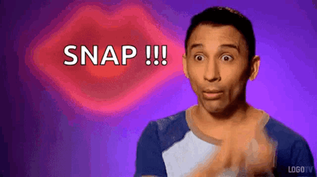a man is making a funny face in front of a purple background with the words snap written on it .