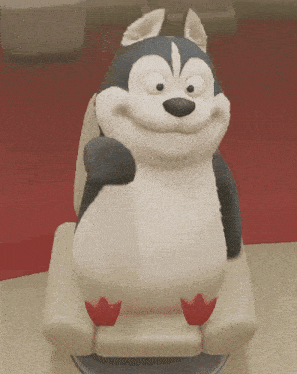 a statue of a husky sitting on a white chair