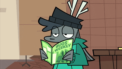 a cartoon character is reading a magazine titled bugs weekly
