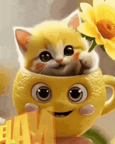 a kitten is sitting in a yellow cup holding a flower .