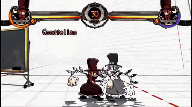 a cartoon character is fighting another character in a video game and the words goodfell las are on the screen .