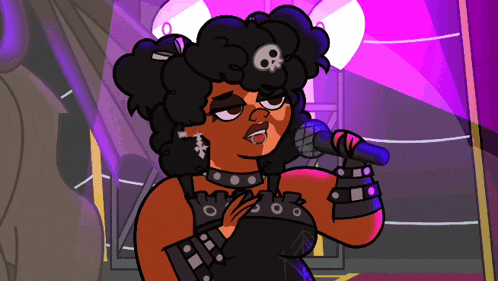 a cartoon character is singing into a microphone