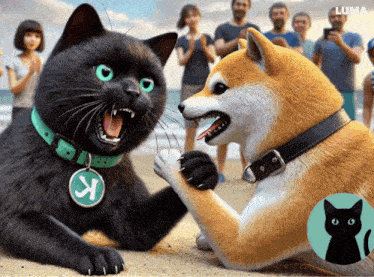 a black cat and a brown dog are playing with each other on a beach with a luma logo in the corner