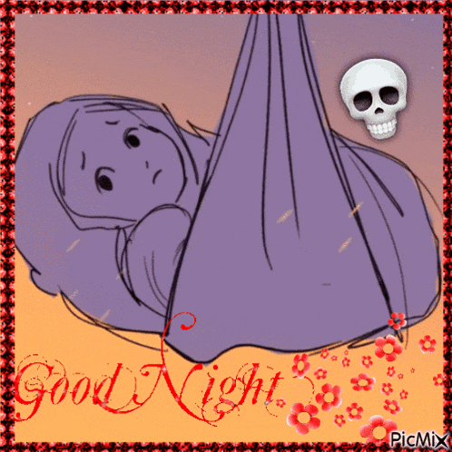 a drawing of a baby hanging from a purple blanket with the words " good night " below it