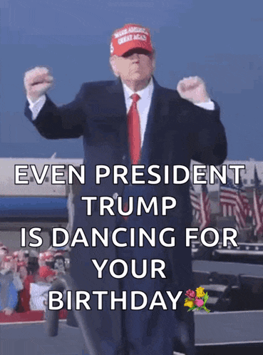 a man in a suit and tie is dancing in front of a crowd and says even president trump is dancing for your birthday