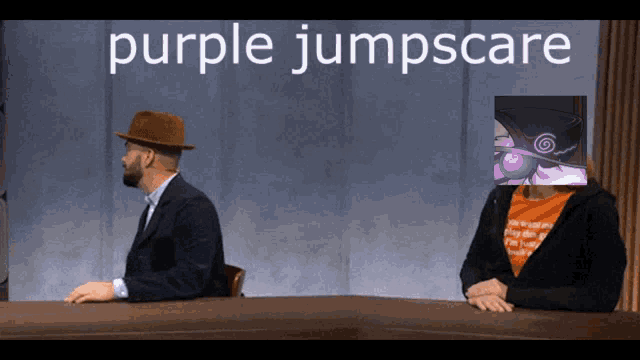 two men are sitting at a table with purple jumpscare written on the top