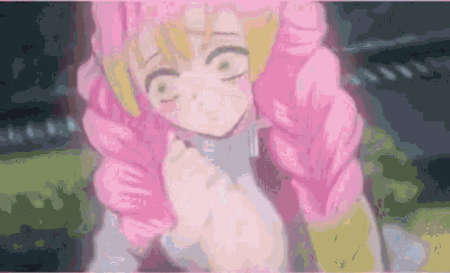 a close up of a girl with pink hair and green eyes in a blurry anime scene .