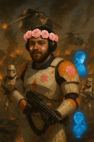 a soldier with a flower crown on his head
