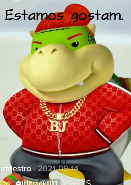 a cartoon character is wearing a red gucci jacket and a red hat