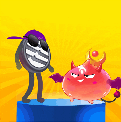 a cartoon character wearing a purple hat and sunglasses is standing next to a red devil