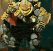 a robot is holding a gun and a sword in his hands .