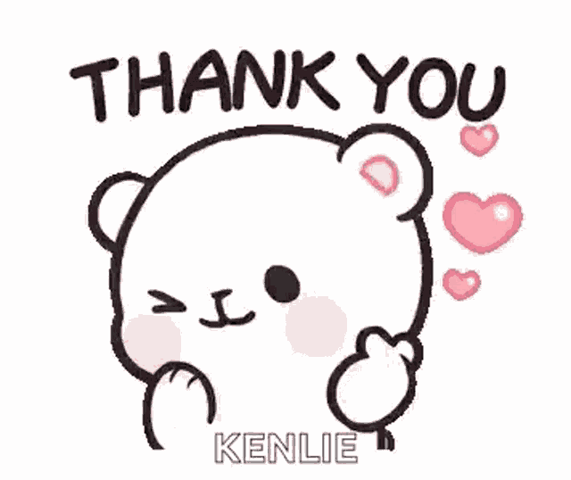 a teddy bear is giving a thumbs up and saying `` thank you '' .