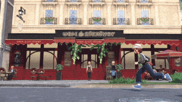 a cartoon character is running in front of a restaurant with the word restaurant on the awning
