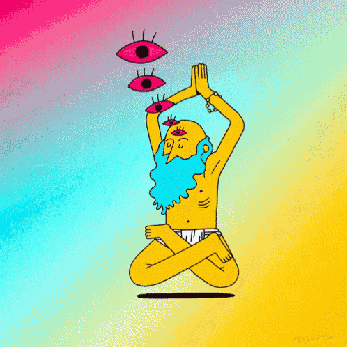 a cartoon of a man in a lotus position with eyes above his head