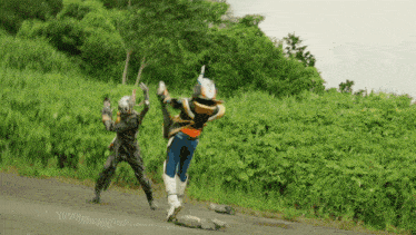 a man in a superhero costume is running down a road