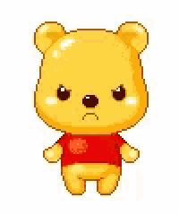 a pixel art of winnie the pooh wearing a red shirt with an angry look on his face .