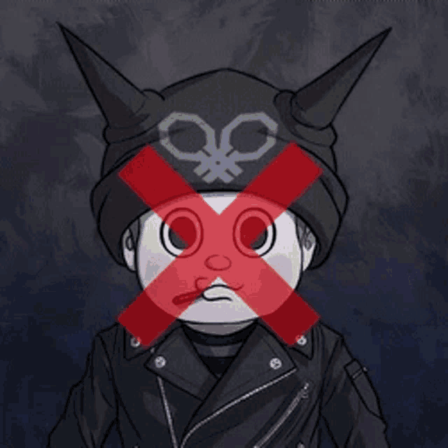 a cartoon character with a green x on his face