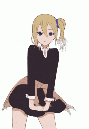 a girl with blonde hair and blue eyes is wearing a black and tan dress