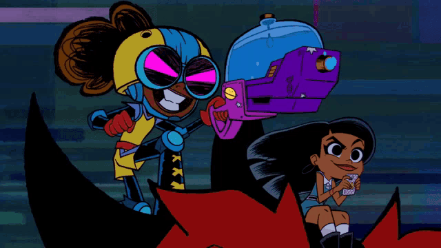 two cartoon characters are standing next to each other and one of them is wearing glasses